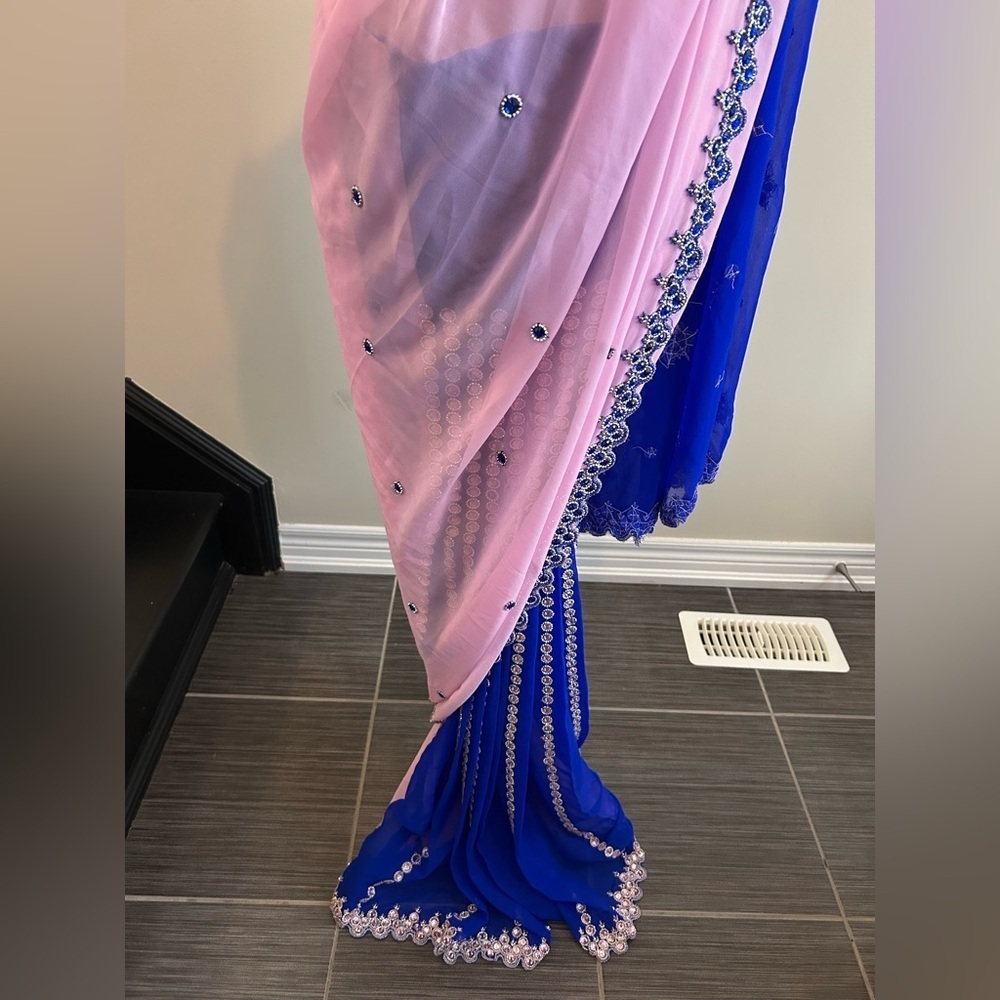 Blue & Blush Pink Embellished Saree with Ready-Made Blouse - Picture 4 of 9